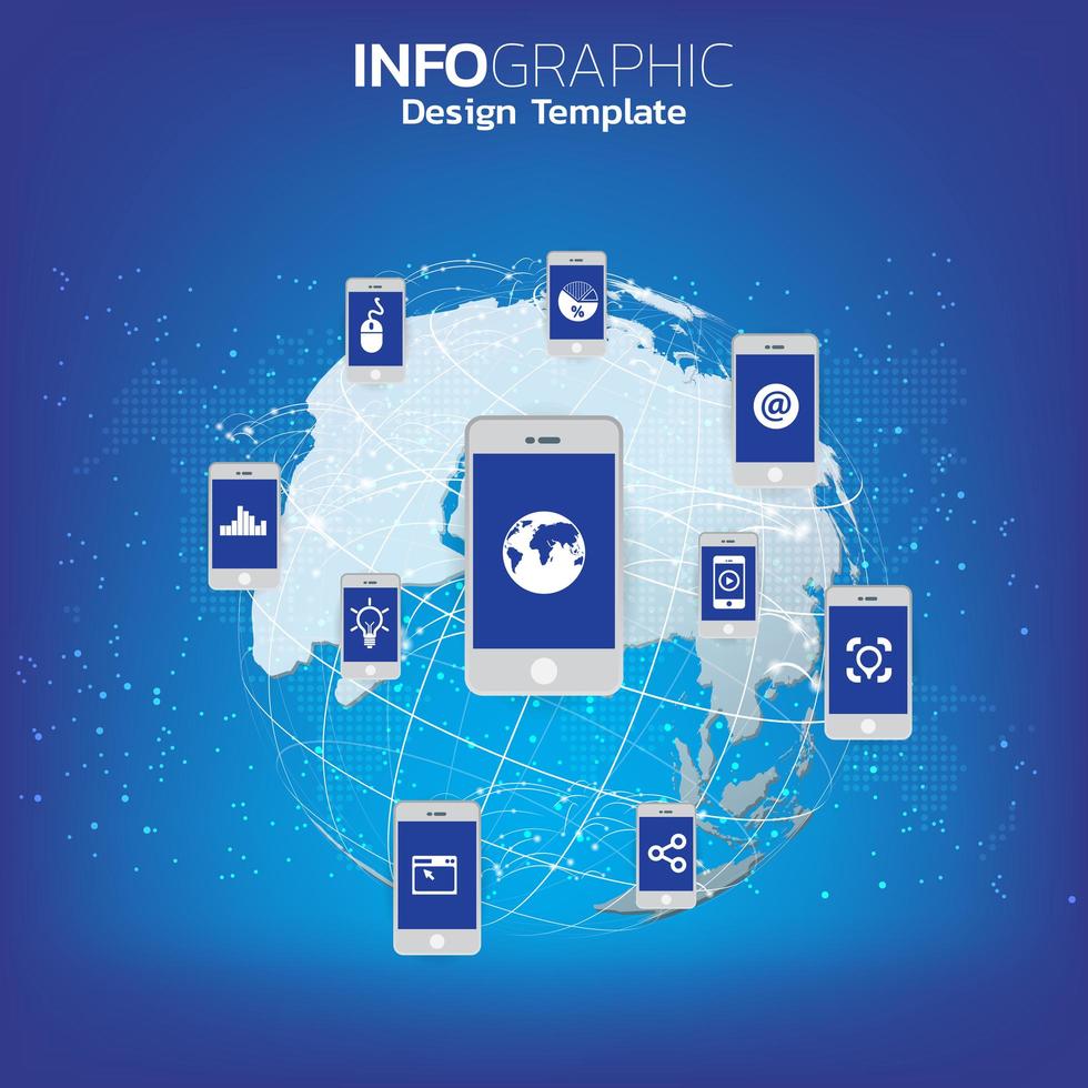 concepto de big data y movilidad con dispositivos conectados como teléfonos inteligentes. vector