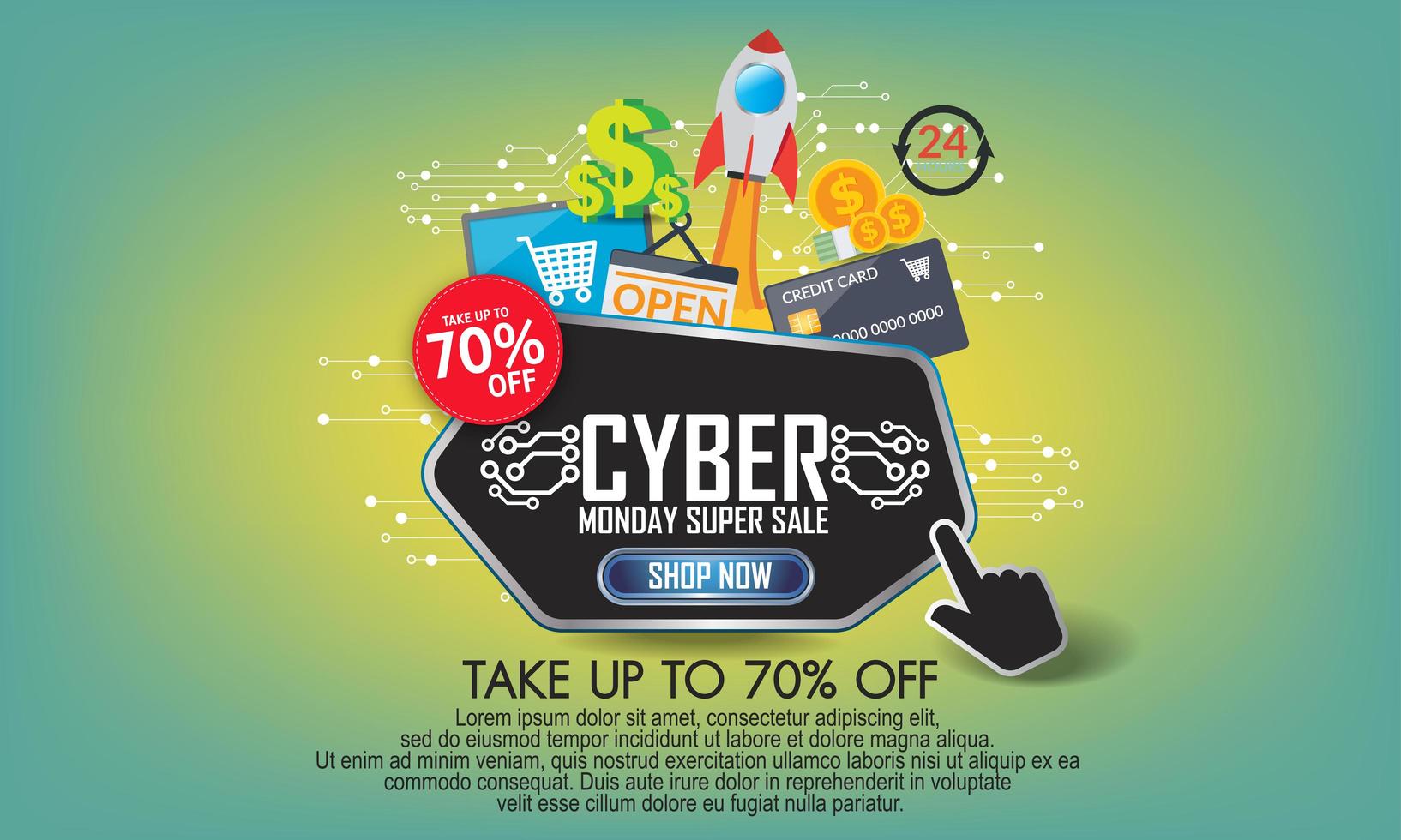 banner moderno de cyber monday con diseño plano vector