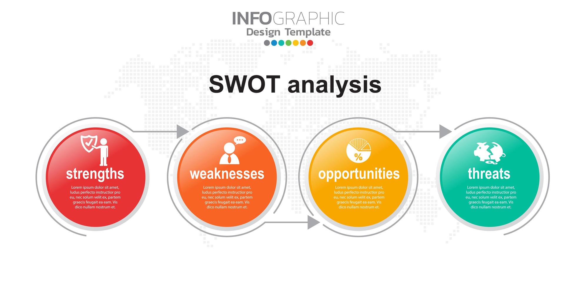 Four colorful elements with icons and place for text in Concept of SWOT analysis. vector