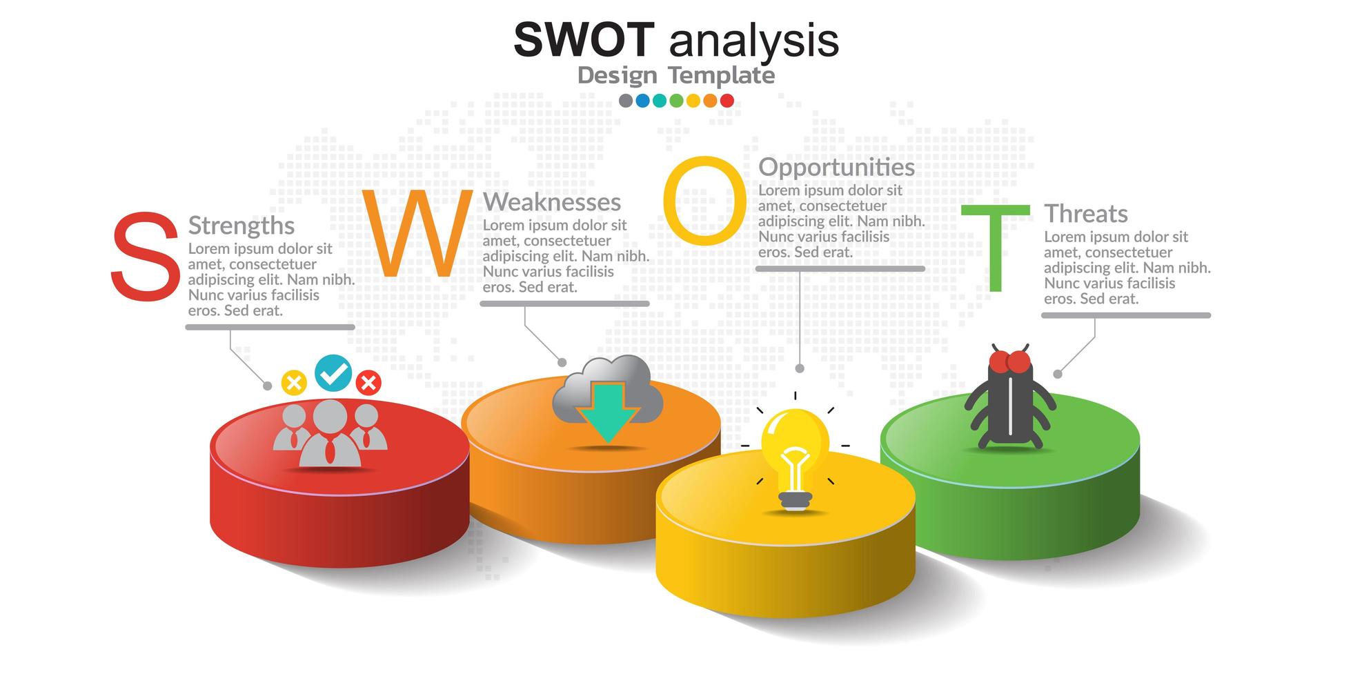 Four colorful elements with icons and place for text in Concept of SWOT analysis. vector