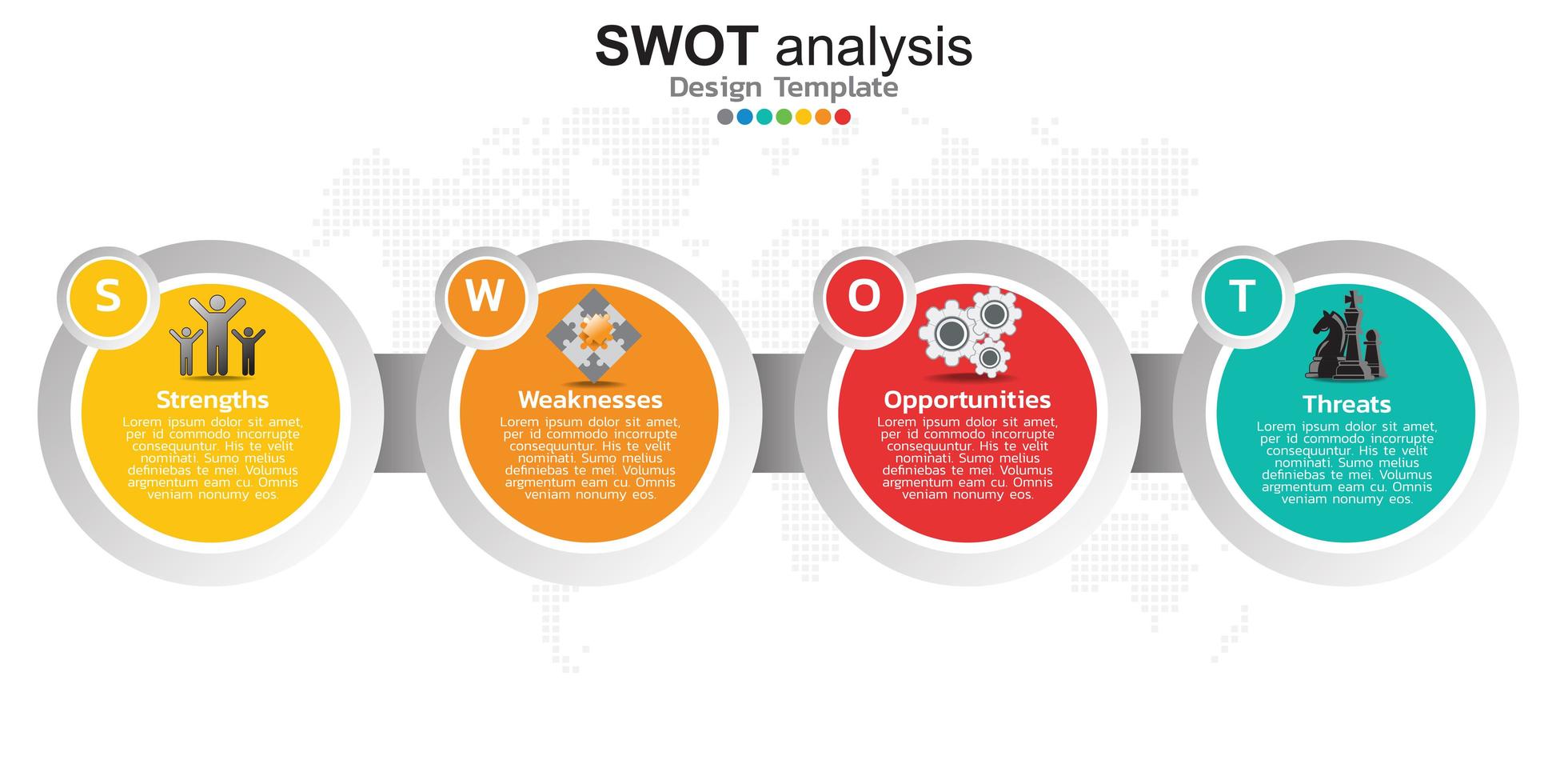 Four colorful elements with icons and place for text in Concept of SWOT analysis. vector