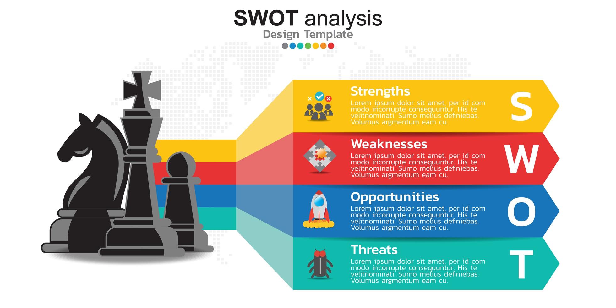 Four colorful elements with icons and place for text in Concept of SWOT analysis. vector