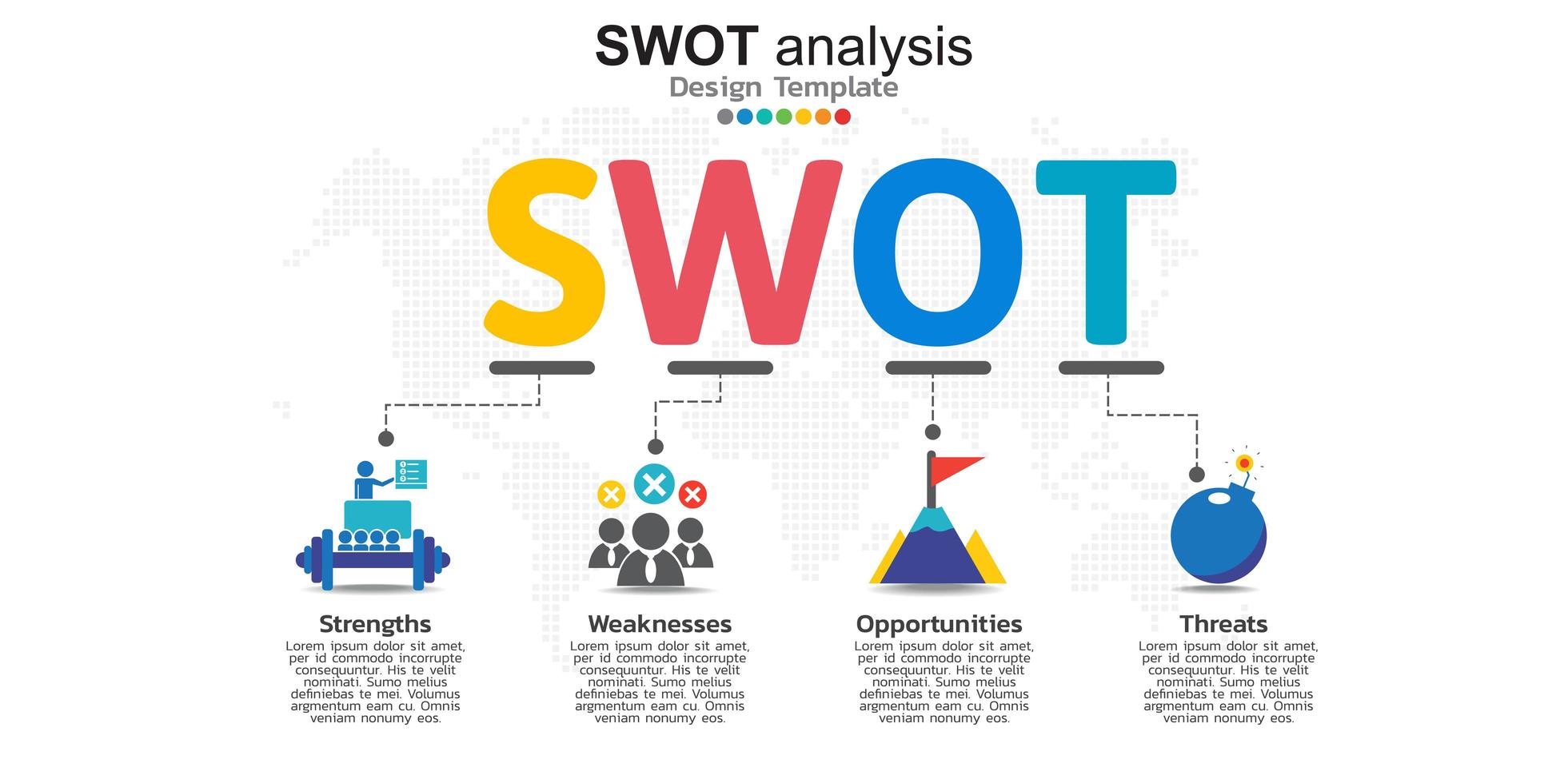 Four colorful elements with icons and place for text in Concept of SWOT analysis. vector