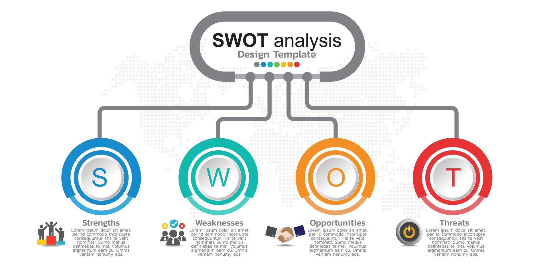 Four colorful elements with icons and place for text in Concept of SWOT analysis. vector