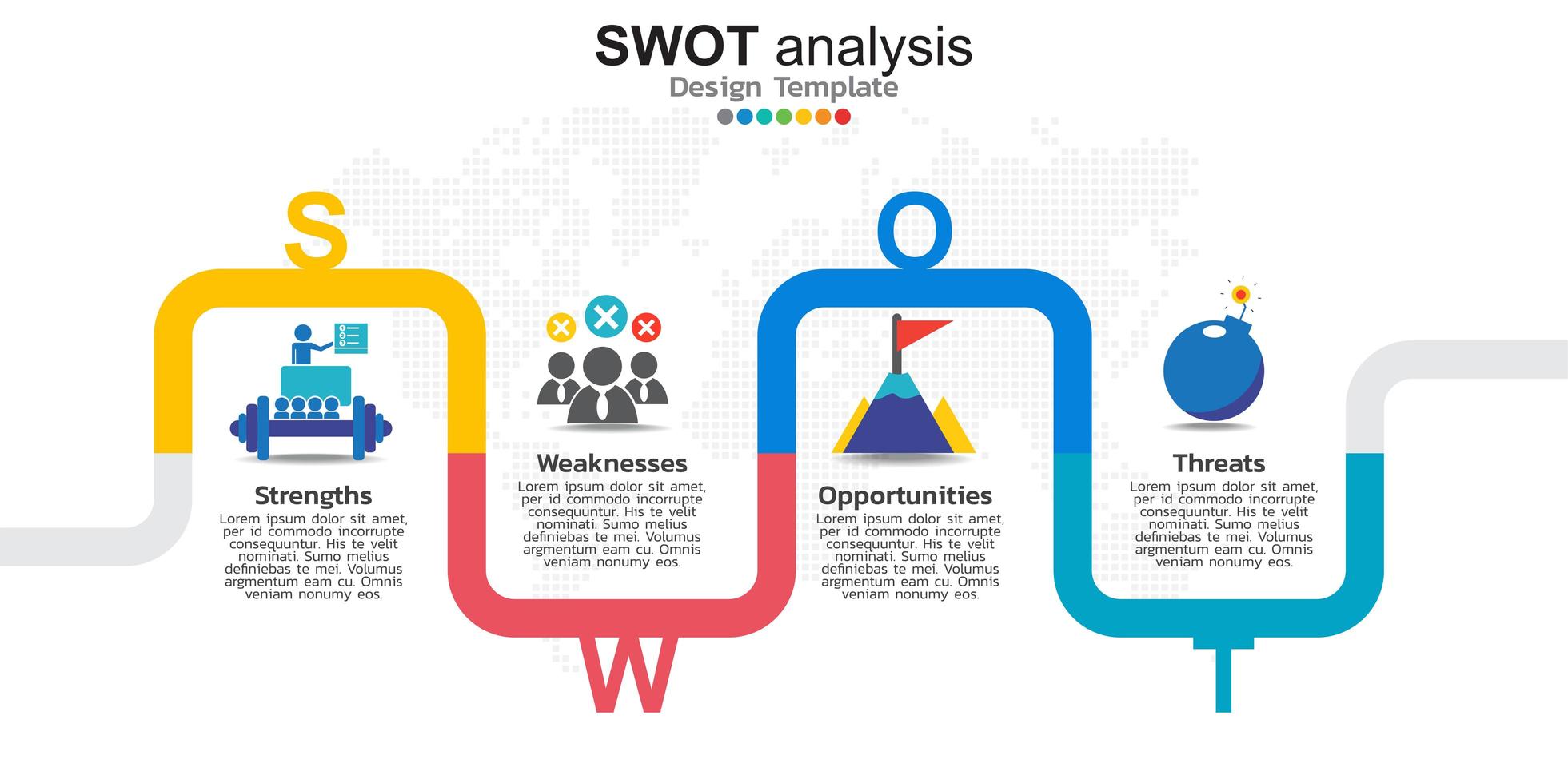 Four colorful elements with icons and place for text in Concept of SWOT analysis. vector