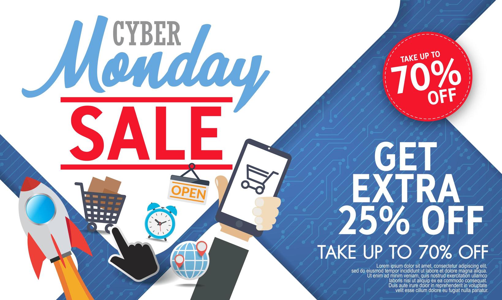 banner moderno de cyber monday con diseño plano vector