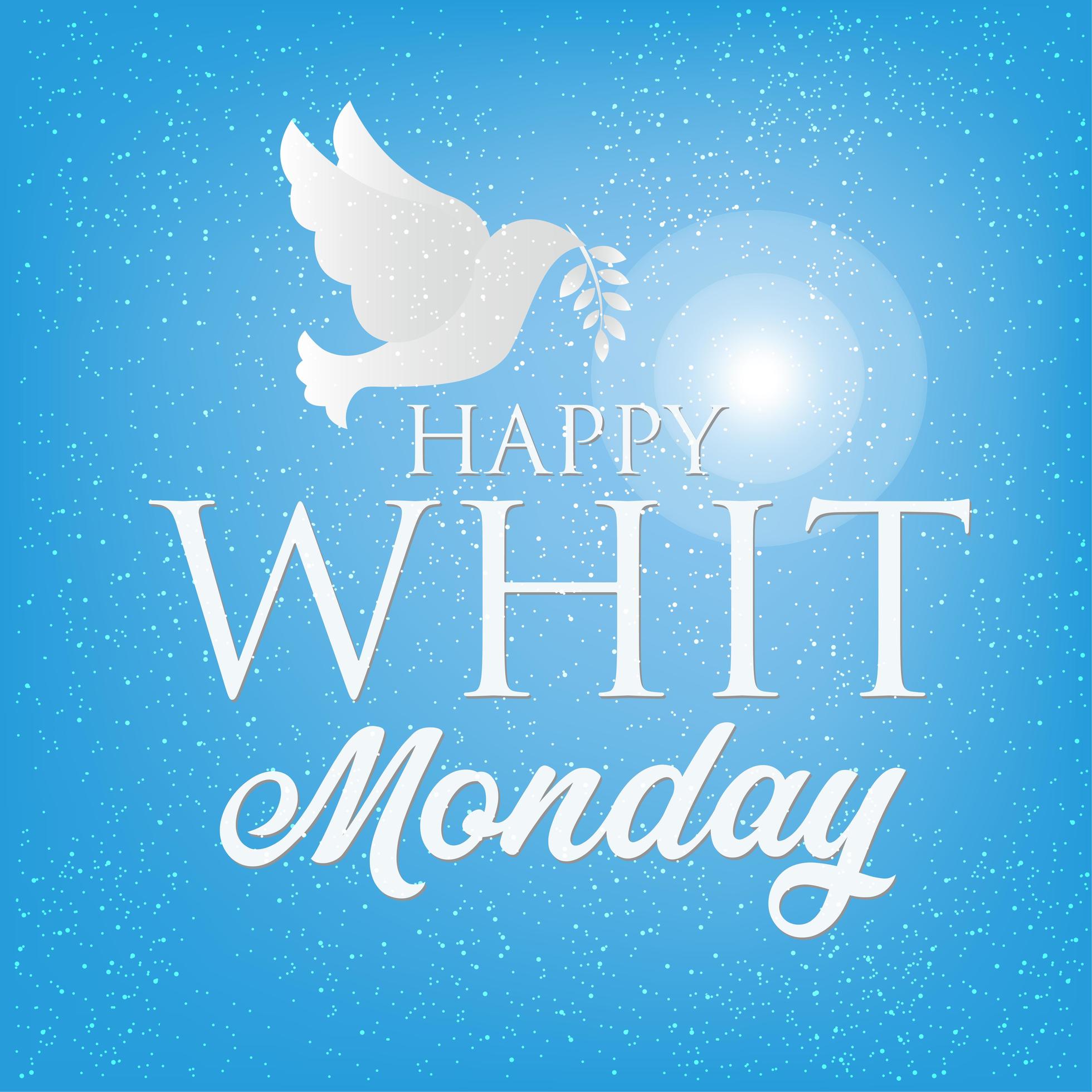 Whit Monday or Pentecost Monday banner, Pigeon or dove silhouette for