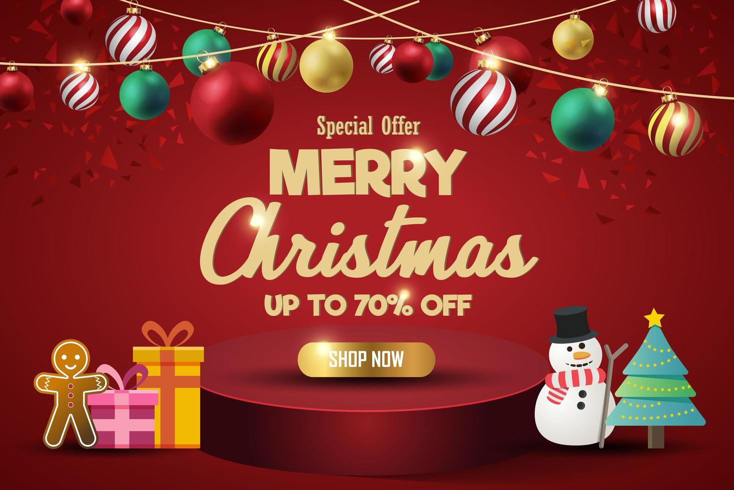 Christmas sale banner for present product on red Background. Text Merry Christmas shop now. vector