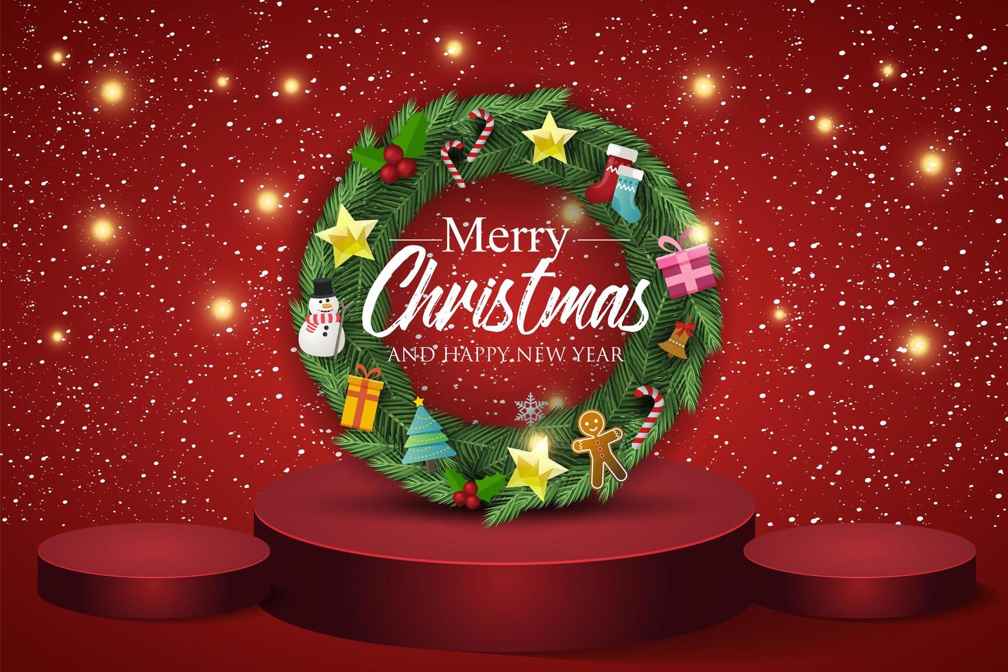 Christmas wreath on red Background. Text Merry Christmas and happy new year. vector