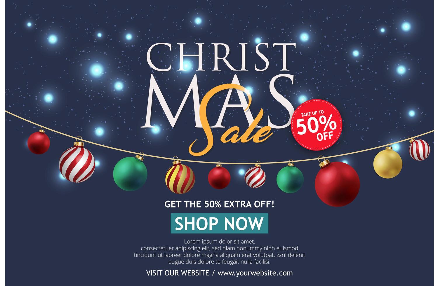 Christmas sale banner on dark Background. Text Merry Christmas shop now. vector