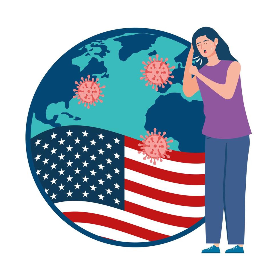 Bandera de Estados Unidos con mujer joven enferma de covid-19 vector