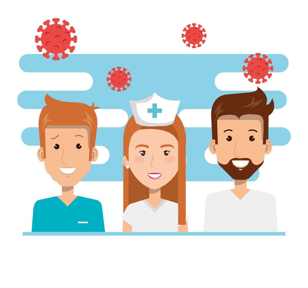 Heath care workers with coronavirus icons vector