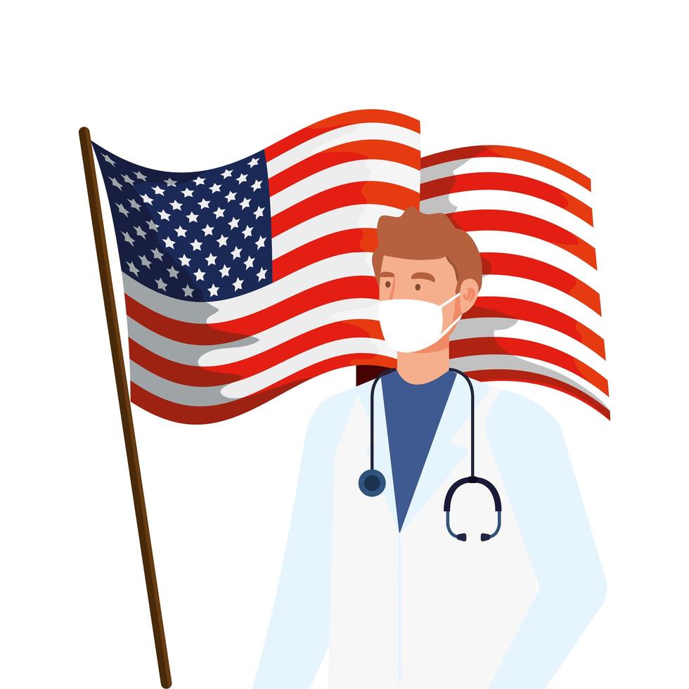 doctor con mascarilla y bandera de estados unidos vector