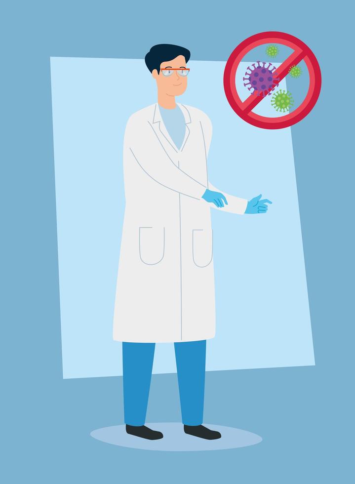 doctor standing and stop coronavirus spread sign vector