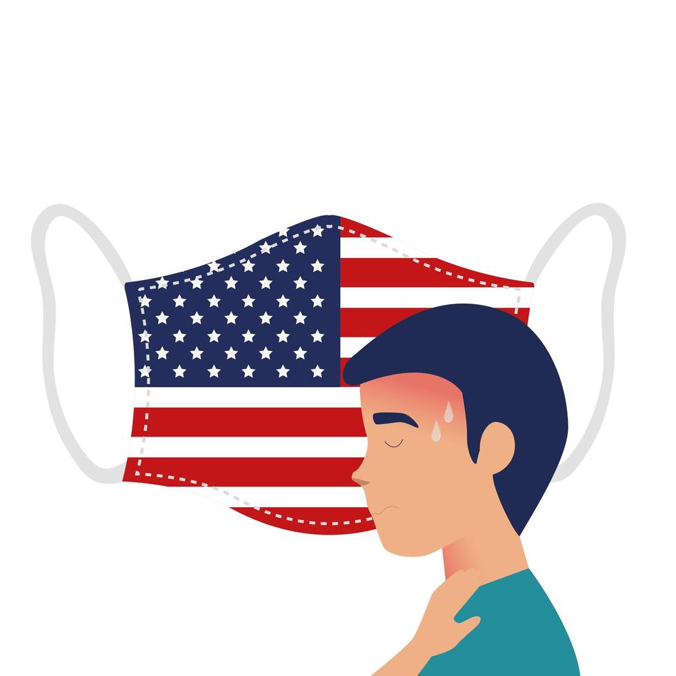 face mask with USA flag and man with Covid-19 symptoms vector