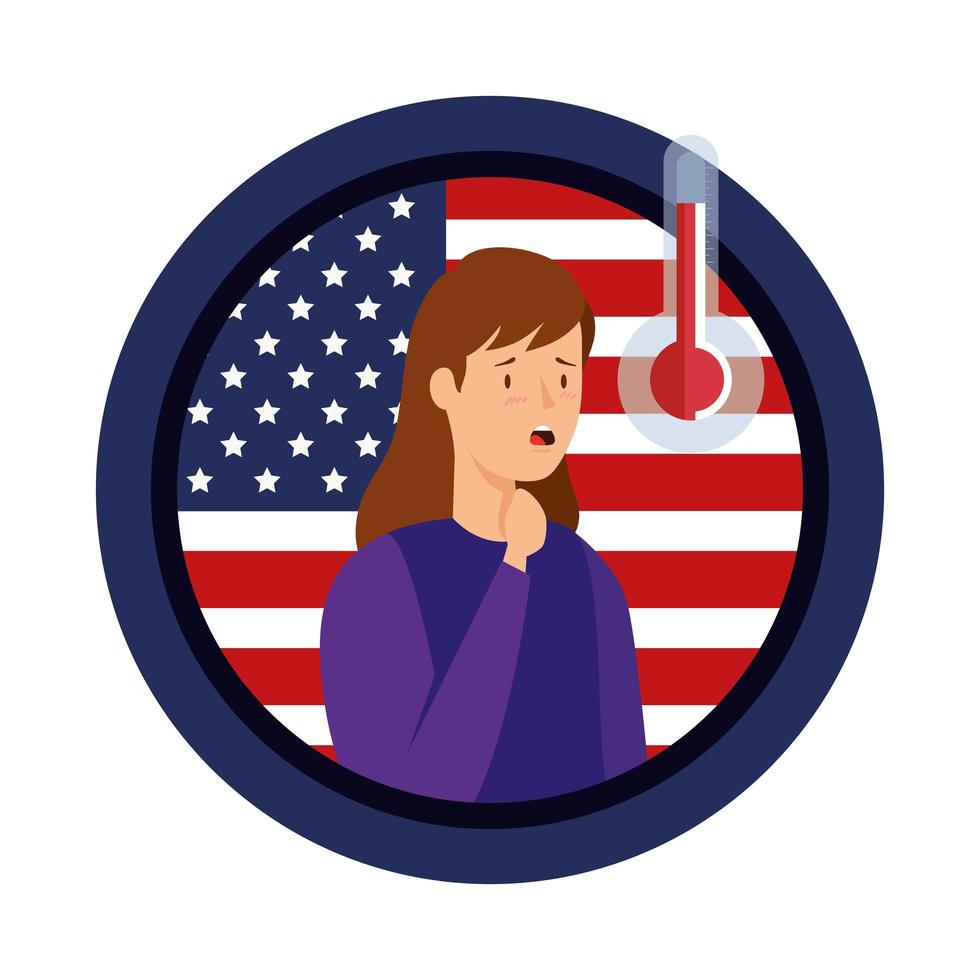 Bandera de Estados Unidos con mujer joven enferma de covid-19 vector