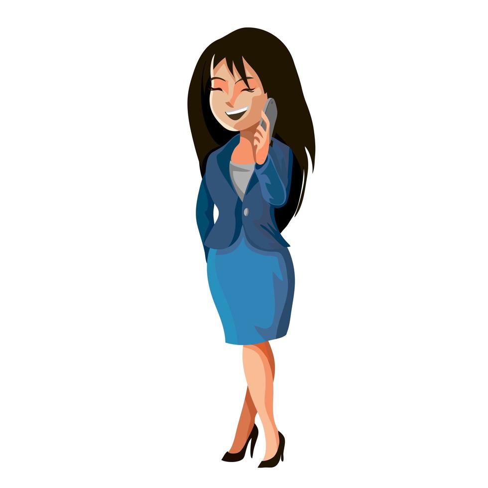 Girl with with long hair is standing and talking on the phone. Cartoon character vector illustration, isolated on white background