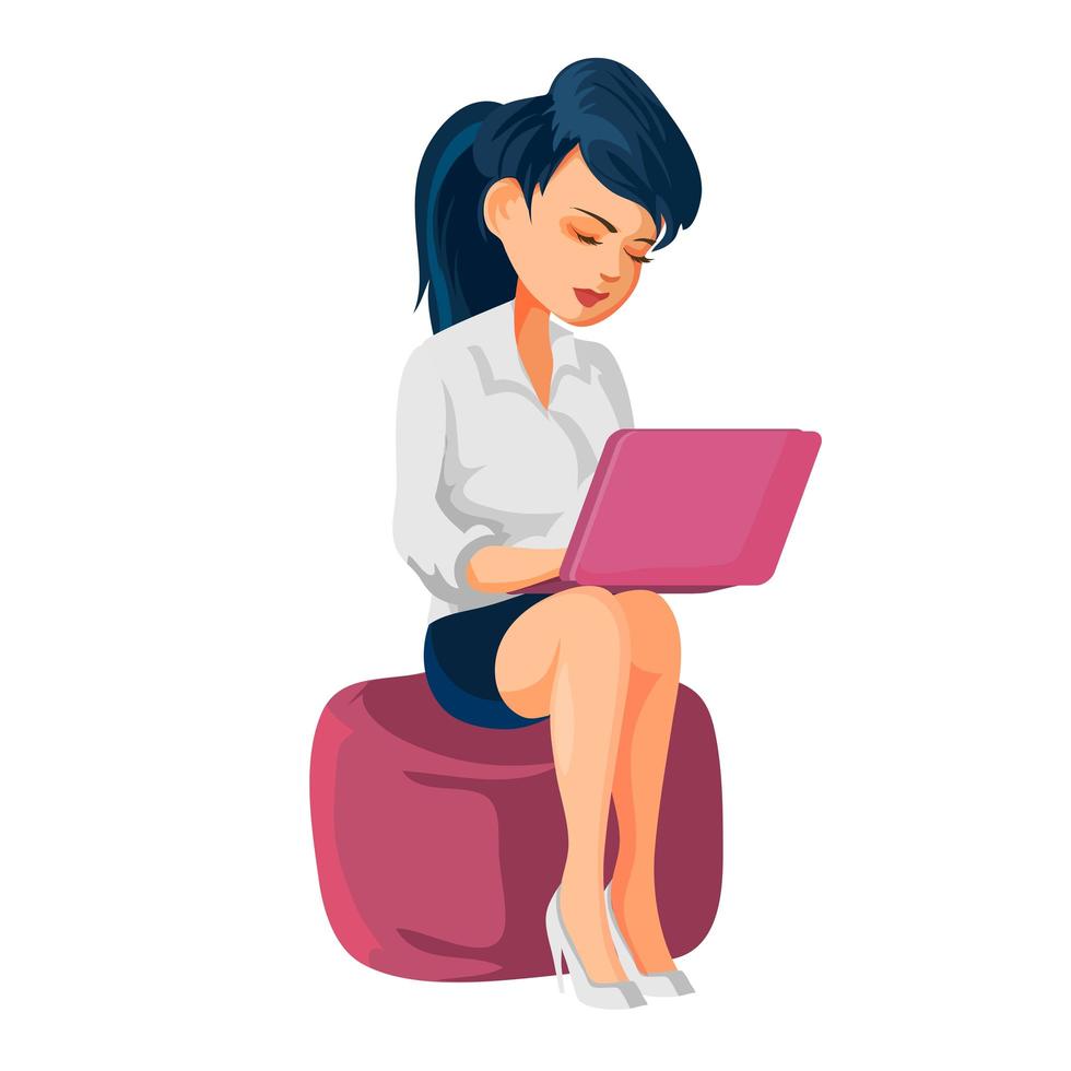 chica sentada en una otomana y trabajando en una computadora portátil. Ilustración de vector de personaje de dibujos animados, aislado sobre fondo blanco