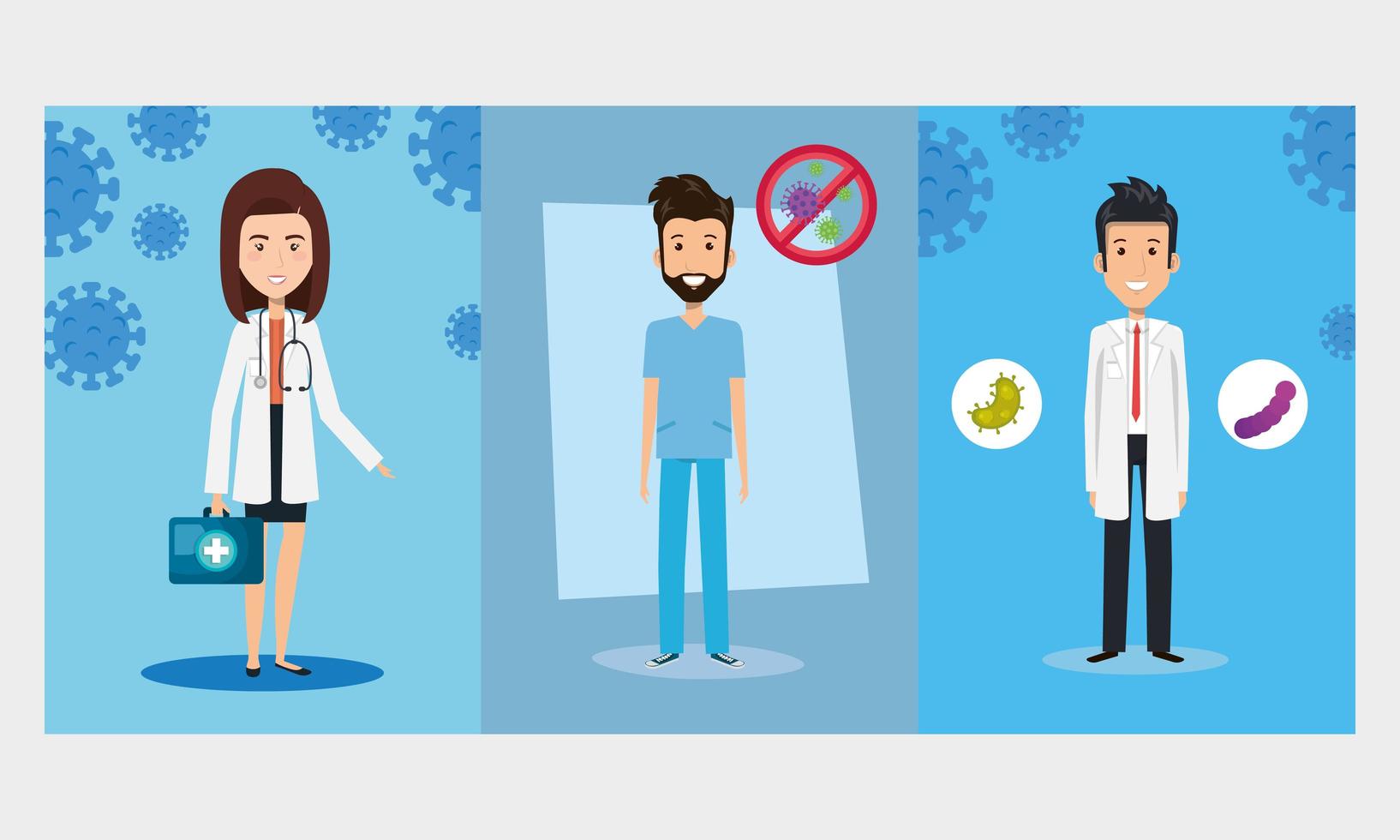 Heath care workers with coronavirus icons vector