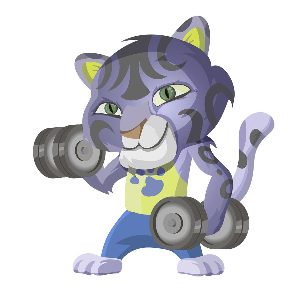 Cute leopard goes in for sports and lifts dumbbells. Cartoon character vector illustration isolated on white background