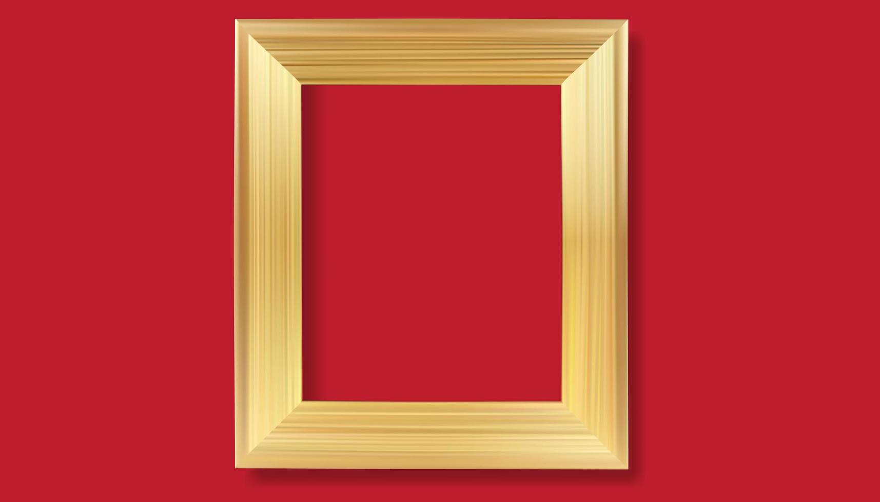 Gold frame on red background. Vector realistic isolated golden shiny glowing border frame.