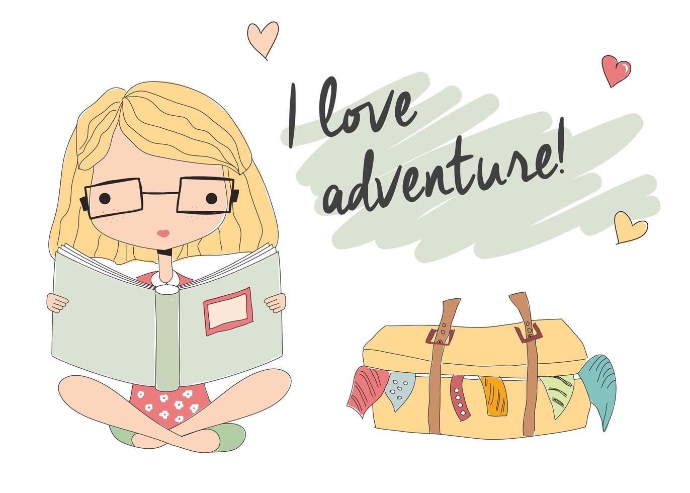 Young girl with glasses reading a book, packed suitcase vector