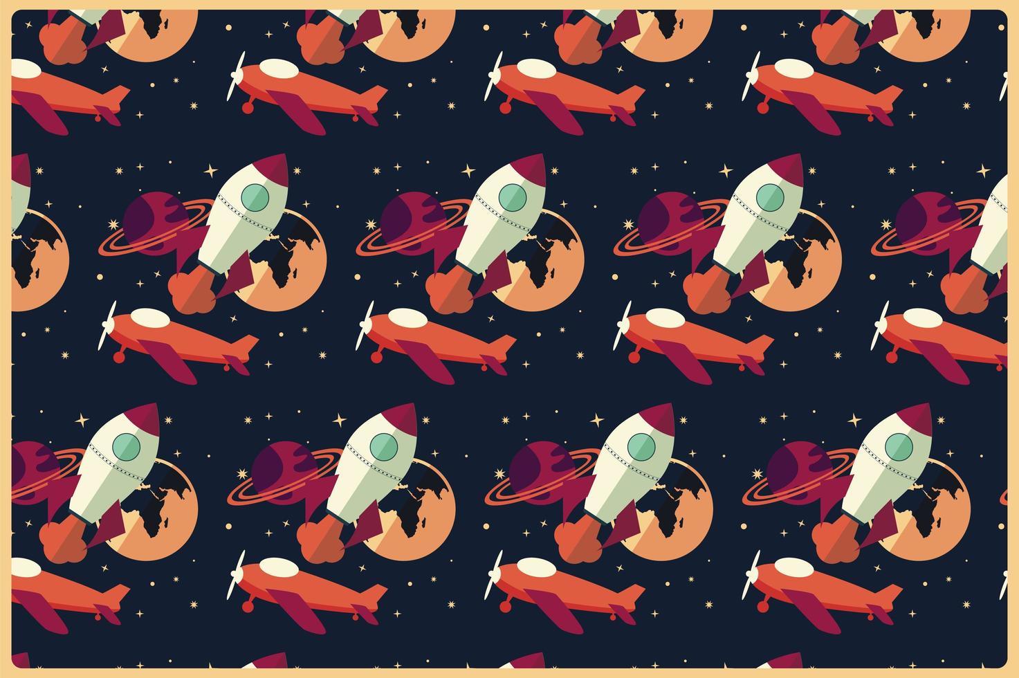 Rocket, planet and airplane in space, seamless pattern vector