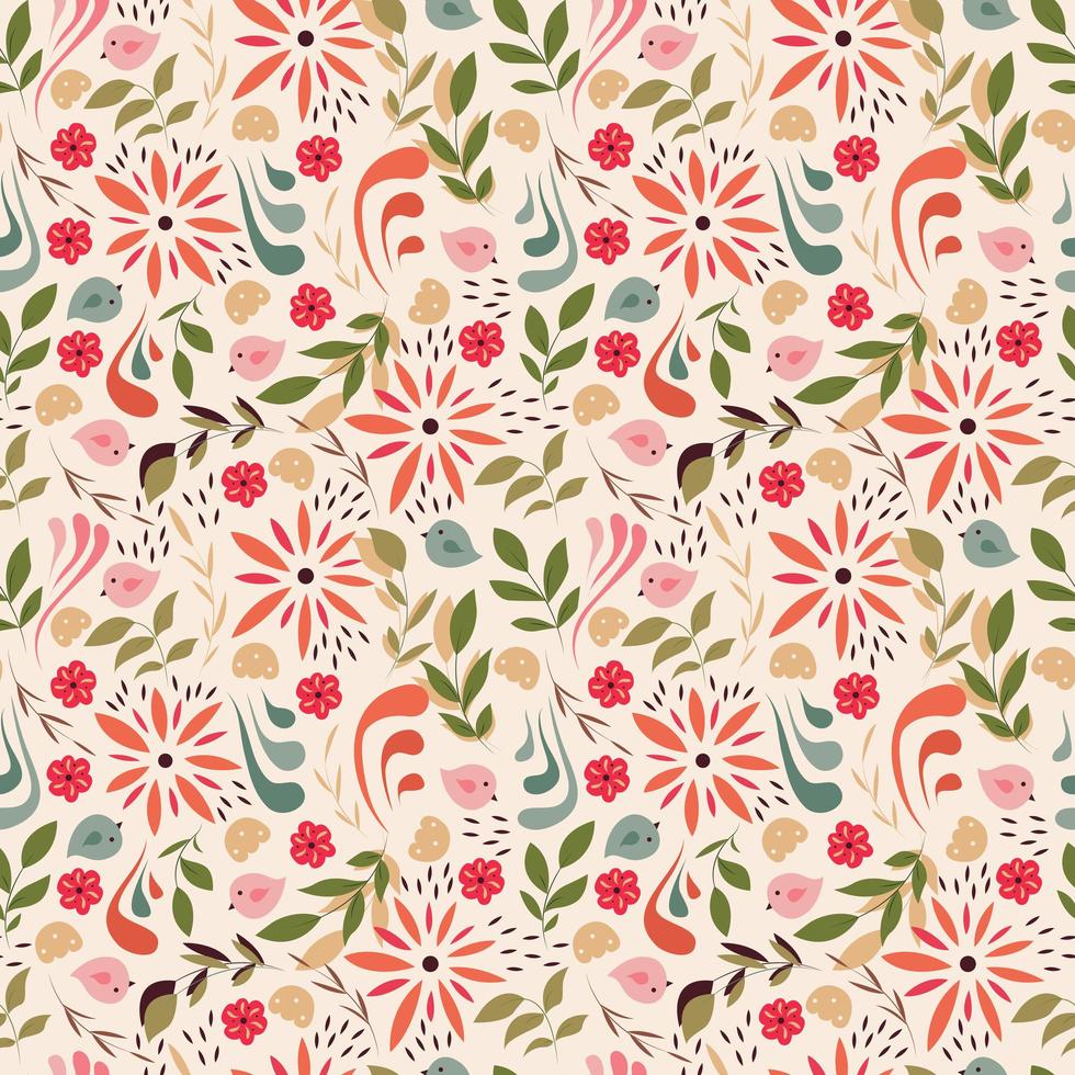 Seamless pattern design with little flowers, floral elements, birds vector