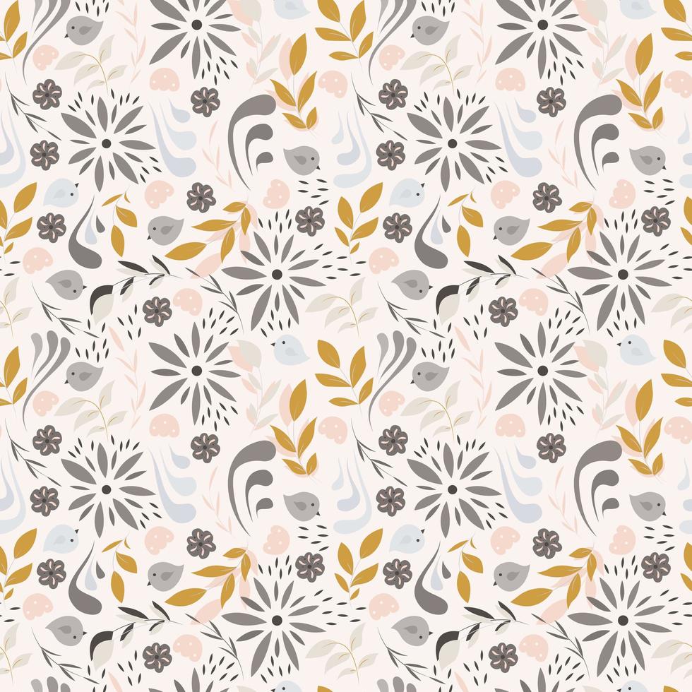 Seamless pattern design with little flowers, floral elements, birds vector