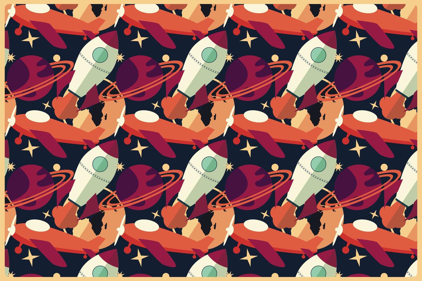 Rocket, planet and airplane in space, seamless pattern vector