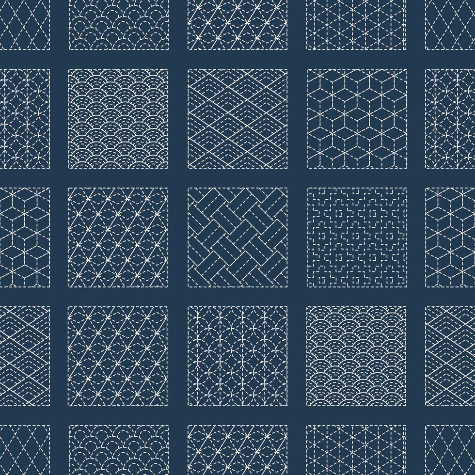 Sashiko seamless indigo dye pattern with traditional white Japanese embroidery vector