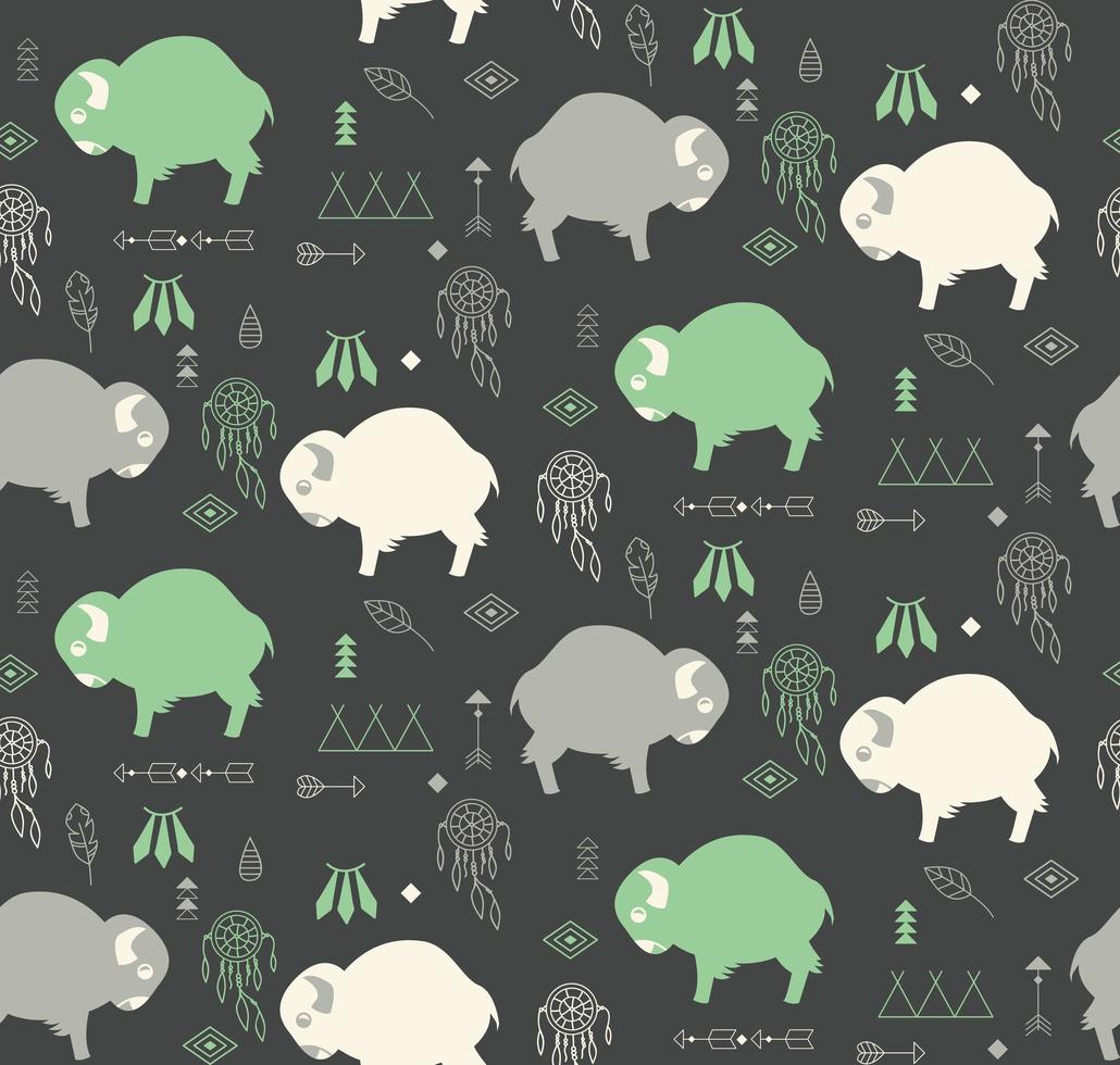 Seamless pattern with cute baby buffaloes and native American symbols vector