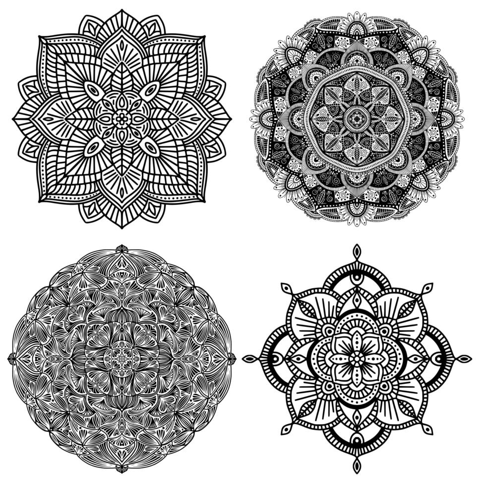 Colección de cuatro mandalas étnicos florales en blanco y negro, sobre fondo blanco. vector