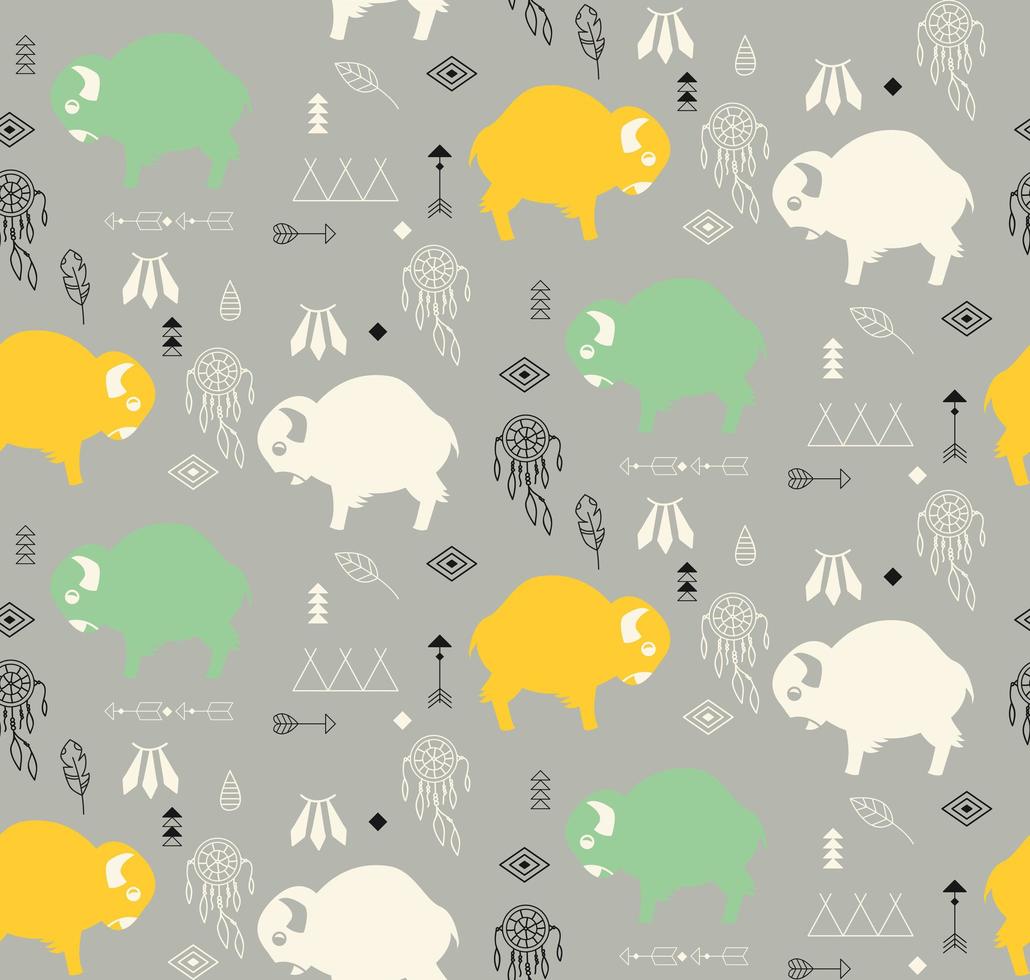 Seamless pattern with cute baby buffaloes and native American symbols vector