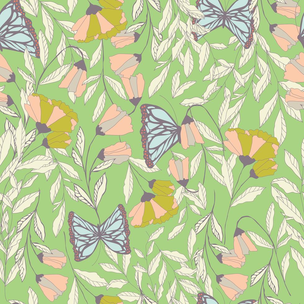 Vector traditional seamless pattern with Monarch butterflies, floral elements and spring flowers