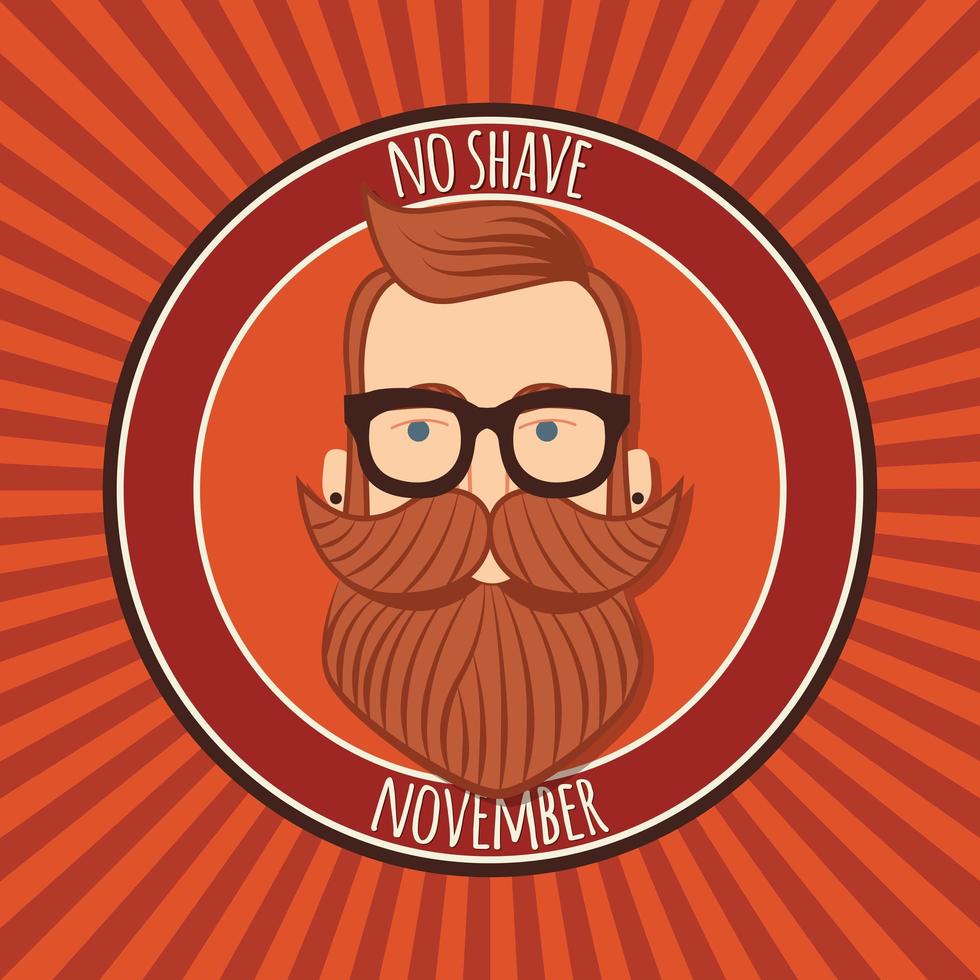 No shave November poster design, prostate cancer awareness, hipster man with beard and moustache vector