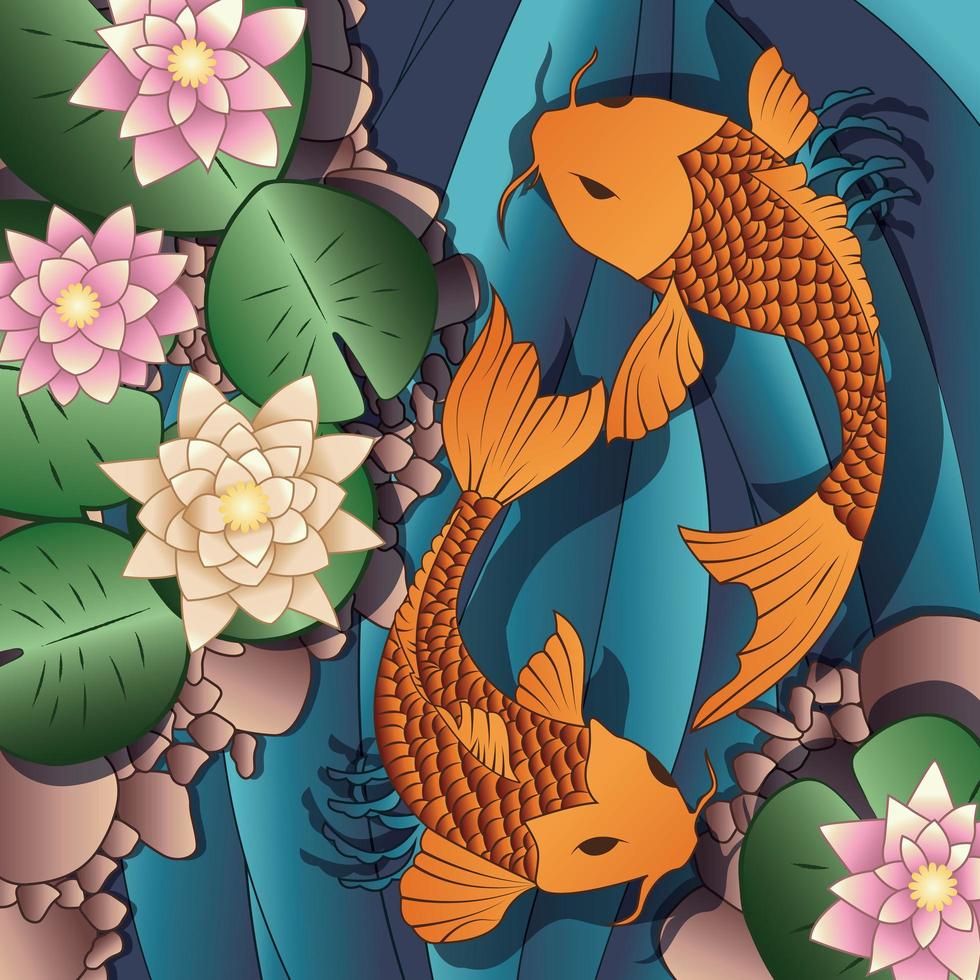 Carp Koi fish swimming in a pond with water lilie vector