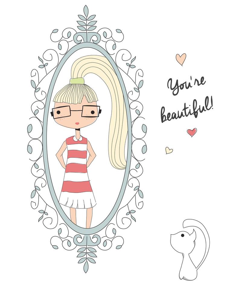 Young girl looking at the mirror with a cat, you're beautiful message vector