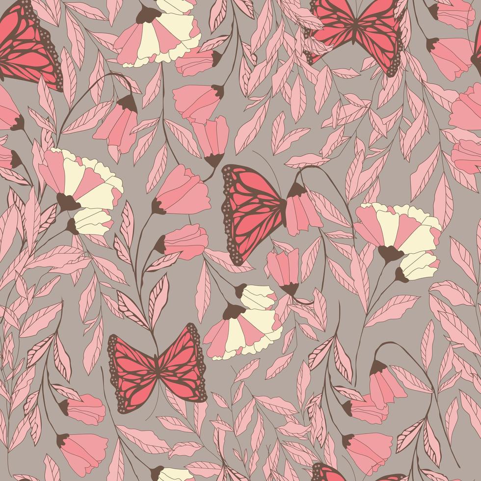 Vector traditional seamless pattern with Monarch butterflies, floral elements and spring flowers