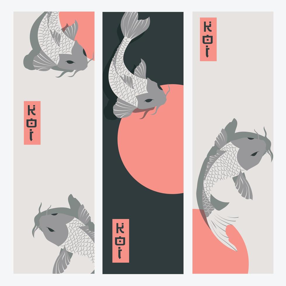 Tres pancartas verticales con peces carpa koi nadando alrededor del sol. vector