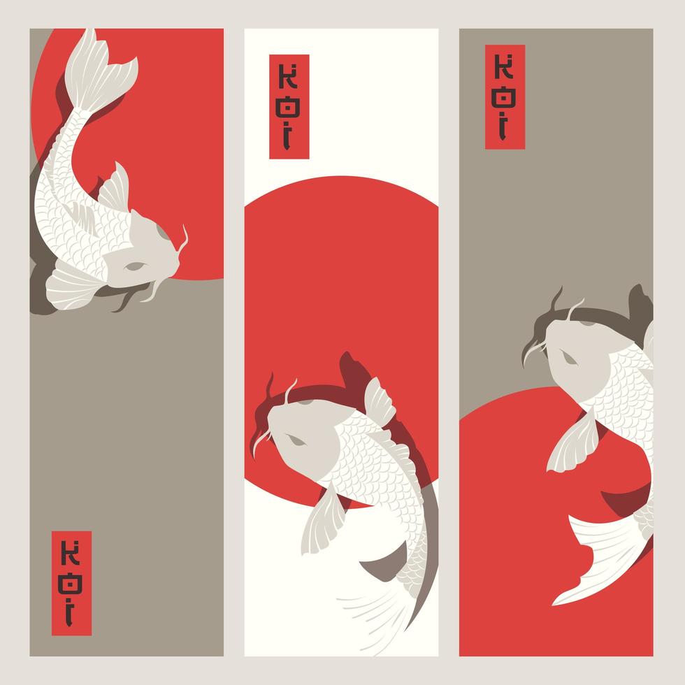 Tres pancartas verticales con peces carpa koi nadando alrededor del sol. vector