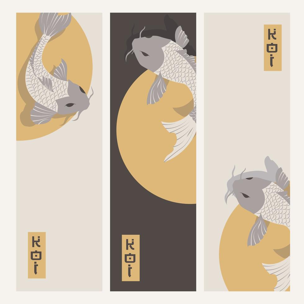 Three vertical banners with carp koi fish swimming around Sun vector