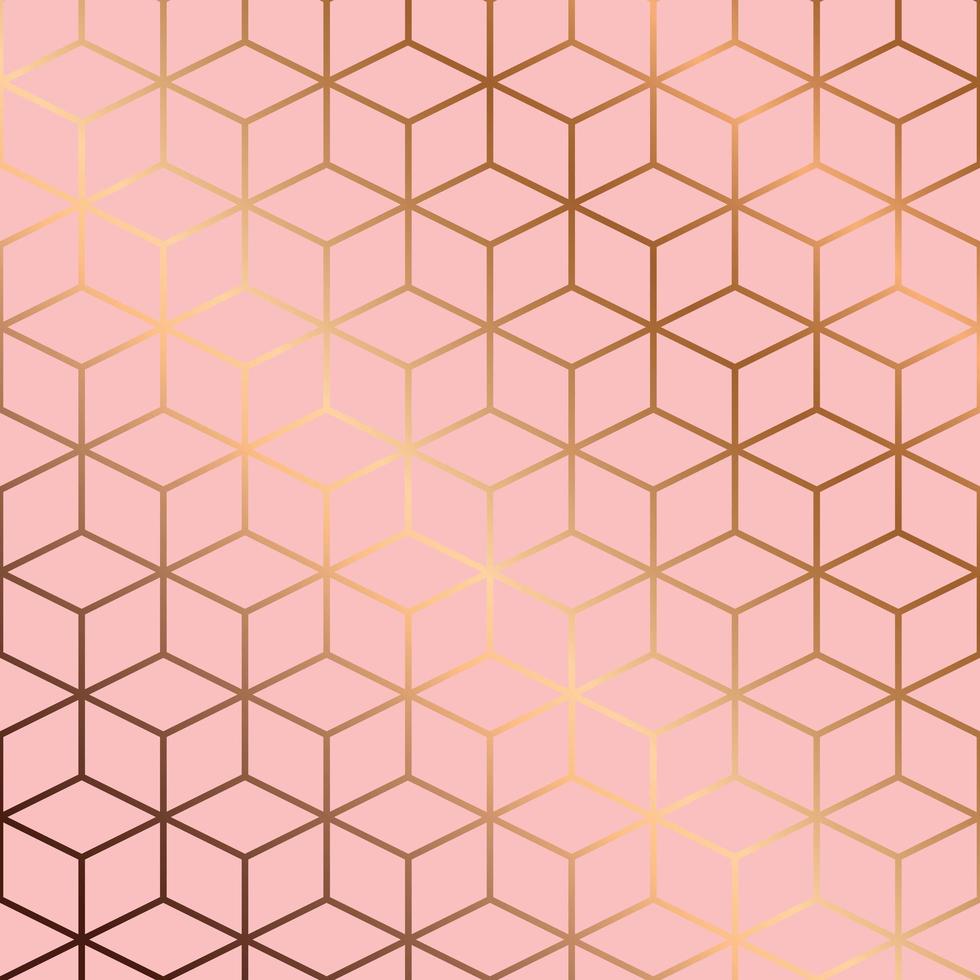 Seamless pattern design with golden geometric lines and cubes on pink background, modern luxurious background vector