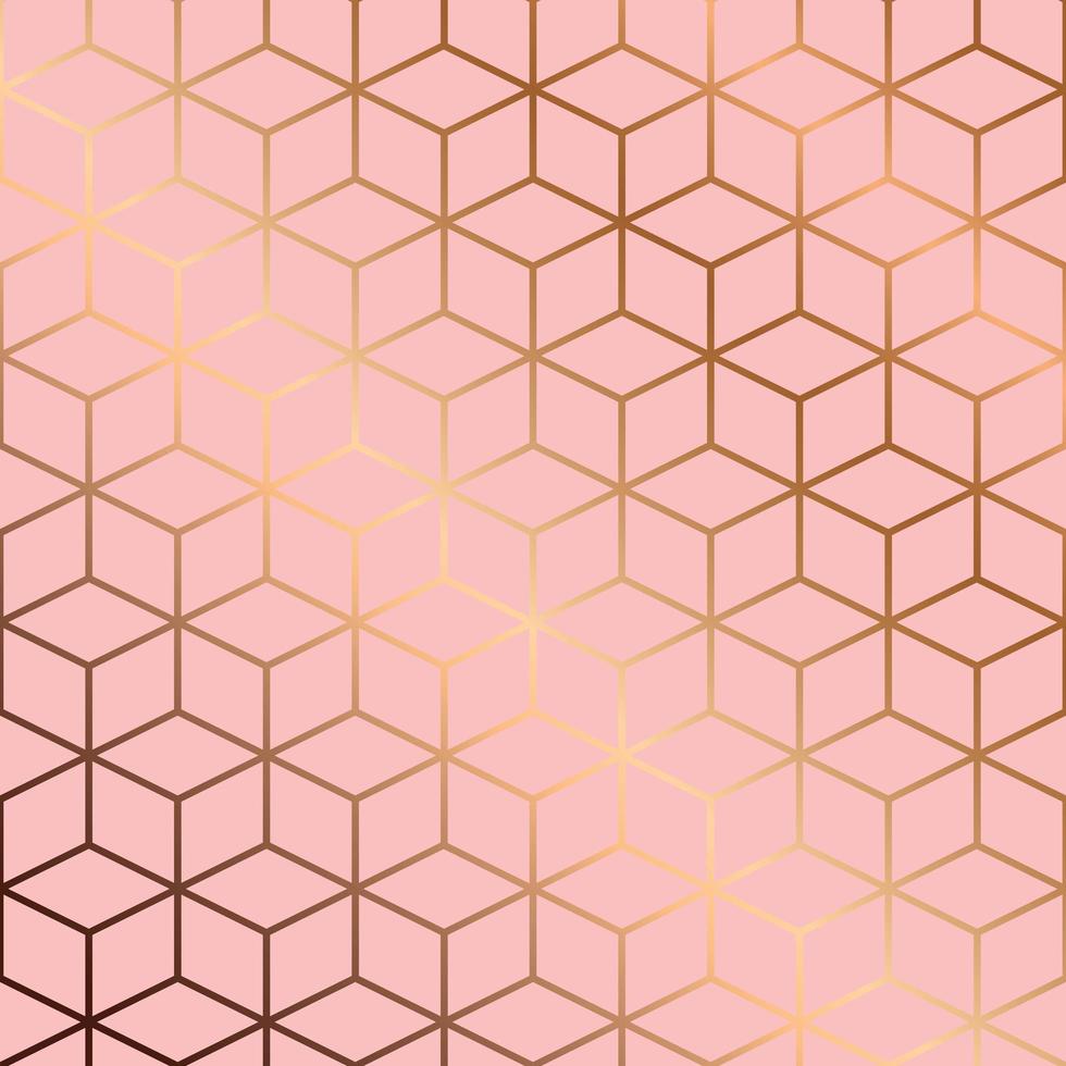 Seamless pattern design with golden geometric lines and cubes on pink background, modern luxurious background vector