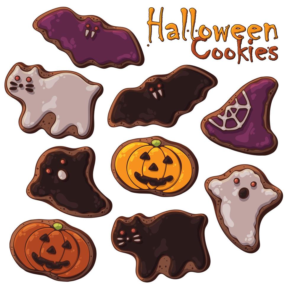 tema de dulces de halloween conjunto de diferentes tipos de galletas de halloween vector