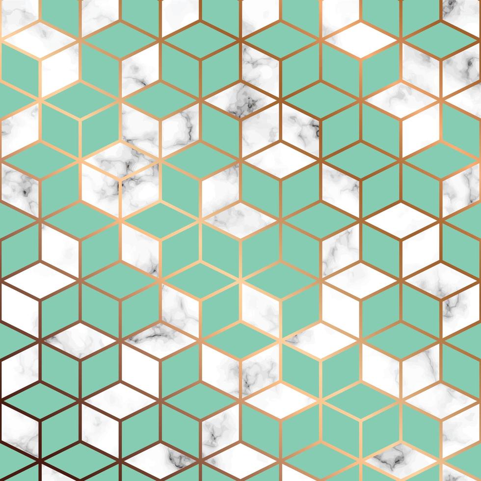 Vector marble texture, seamless pattern design with golden geometric lines and cubes, black and white marbling surface, modern luxurious background