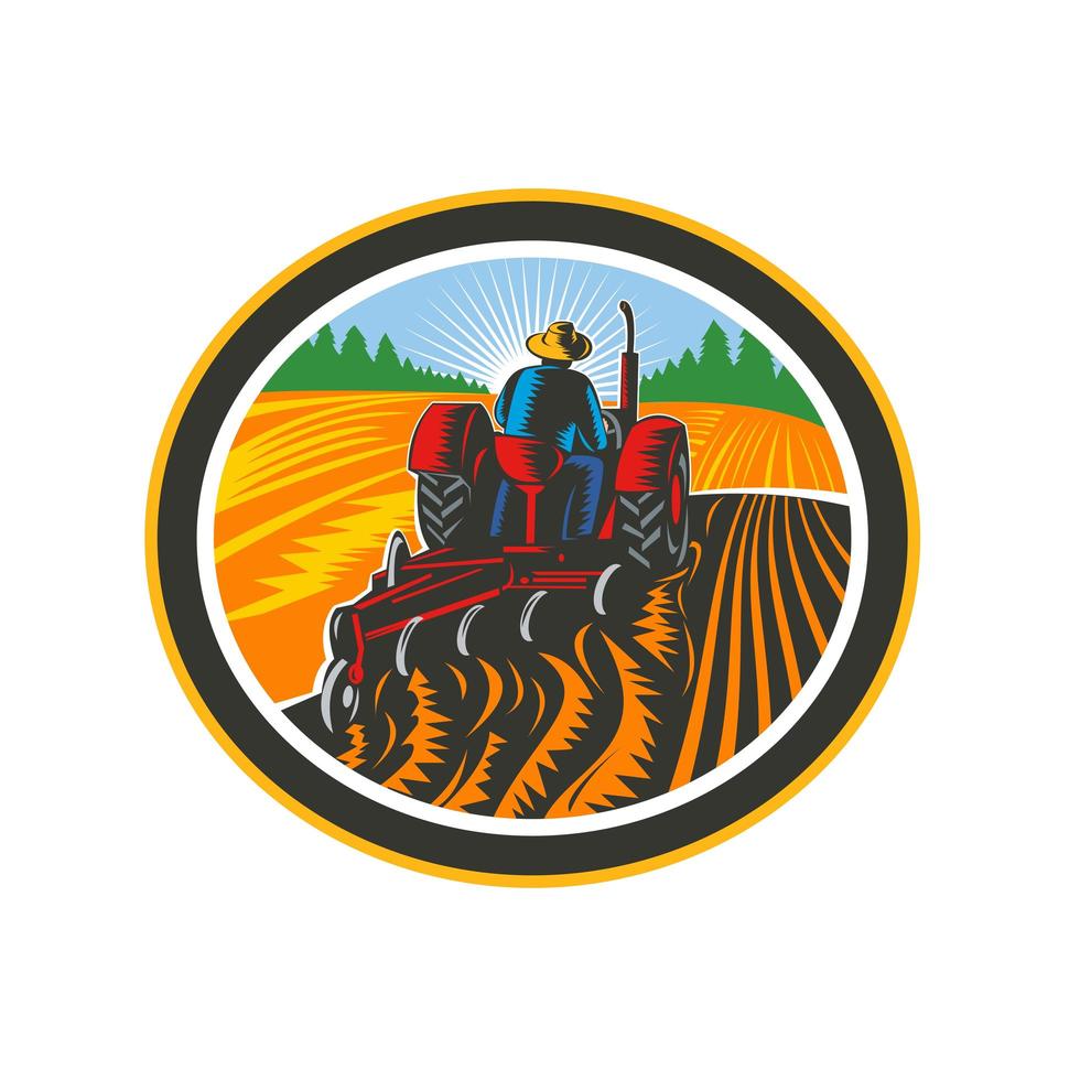 Farmer Driving Tractor Plowing Field Circle Retro vector