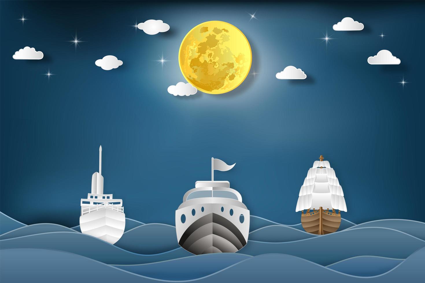 barcos en el mar y la luna llena en la noche como concepto de comunicación, transporte y viaje. vector