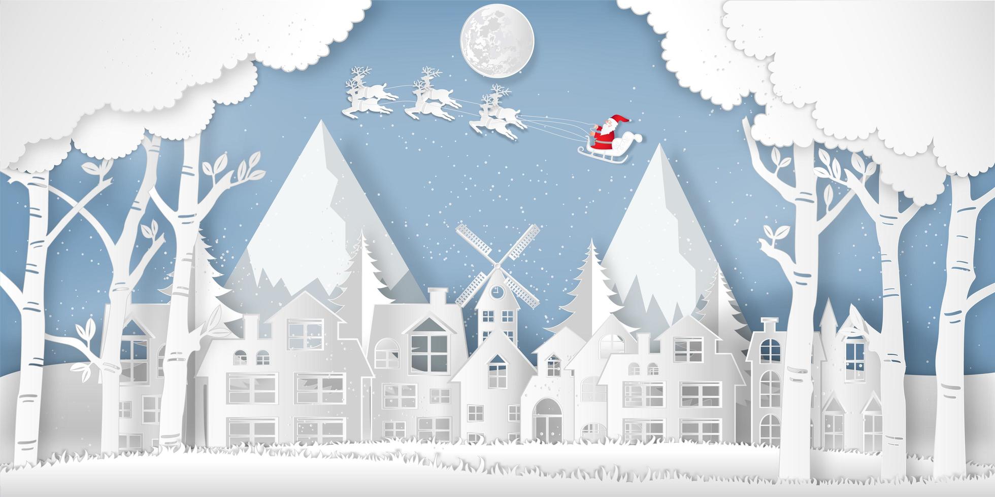 Paper cut style of Santa Claus on Sleigh and Reindeers in the snow village in the winter background as holiday and xmas day concept. vector