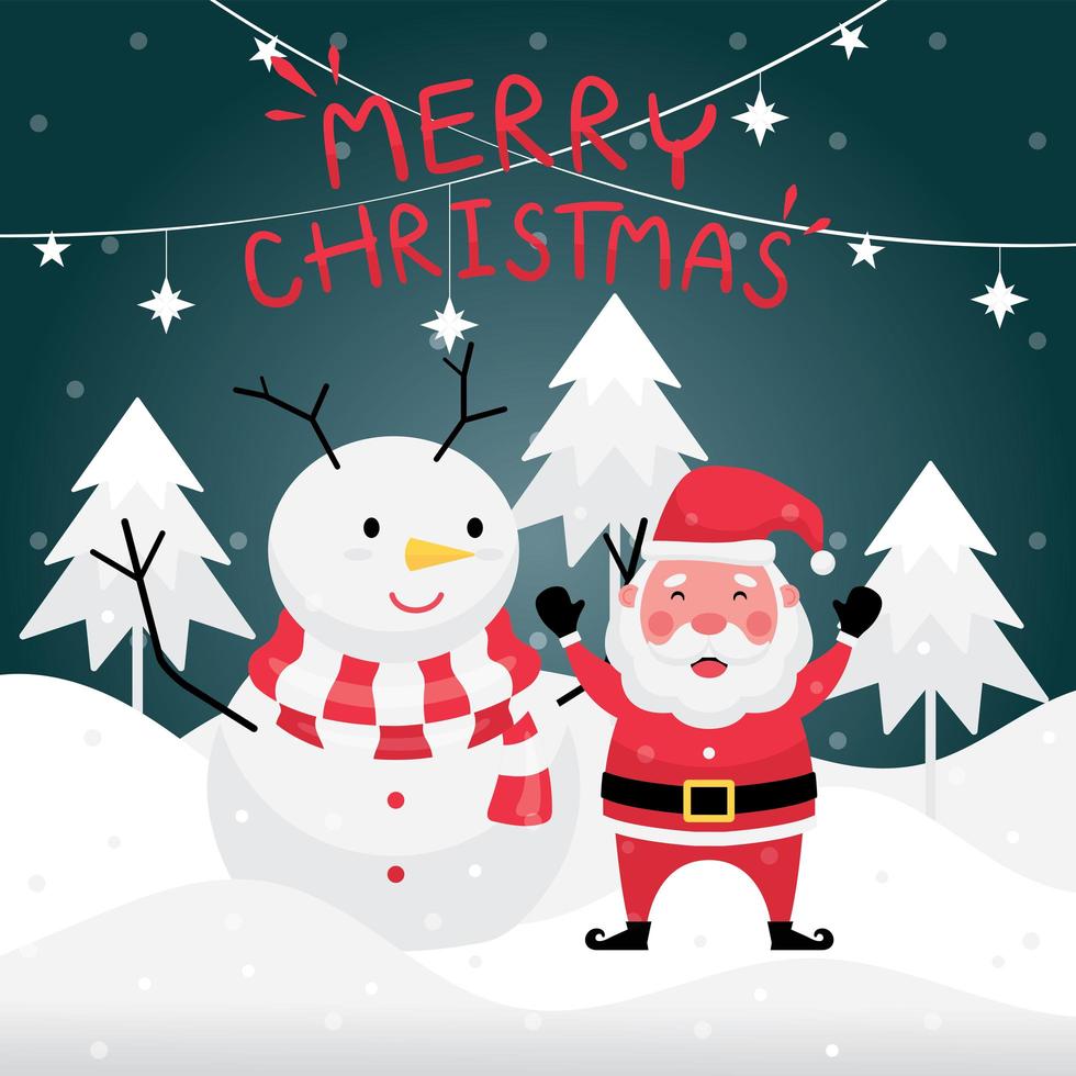 Blue greeting card with merry christmas text, santa claus, and snowman vector